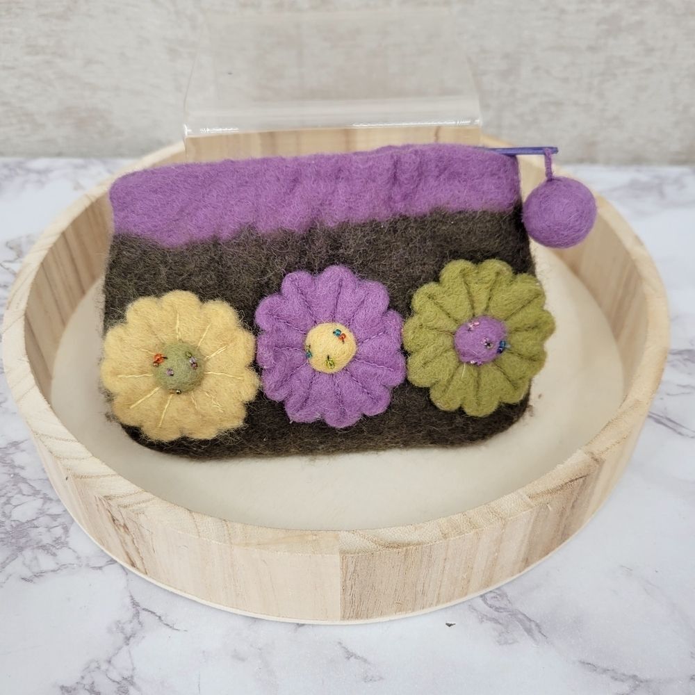 Rising Tide Felted Wool Coin Purse / Clutch Purple Green with Flowers